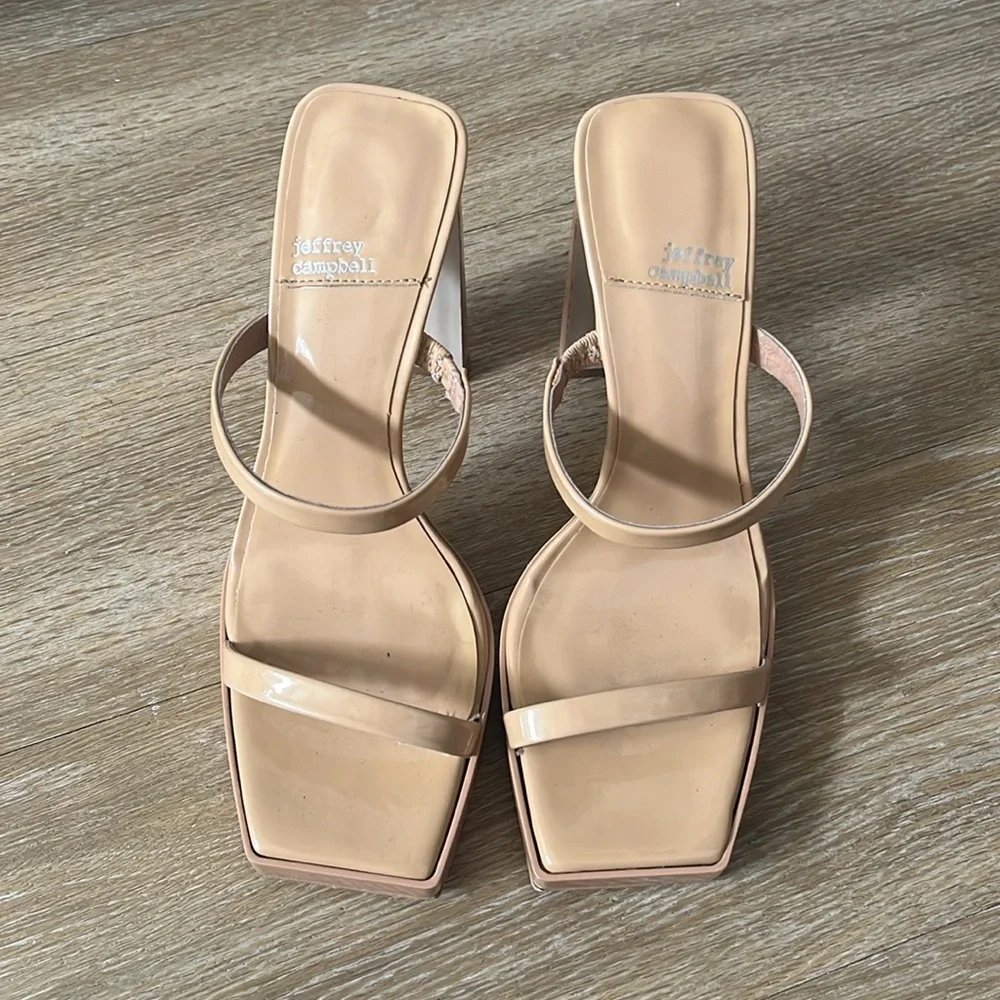 Jeffery Campbell Hustler Platform Sandal Nude Patent Leather Strappy Block Heels